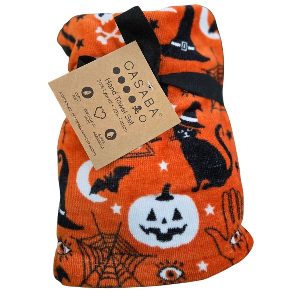 New Halloween Hand Towel Set of 2 w/ Cat Witch Hat Ghost Pumpkin Bat Spider Web